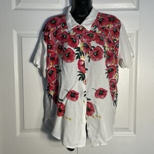 Vintage 90s Adrian Jordan Shirt‎ Women 14 White Floral Poppies Button Up Blouse